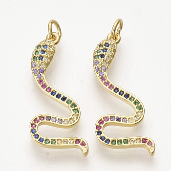 Brass Micro Pave Cubic Zirconia Pendants, with Jump Rings, Snake, Colorful, Golden, 31x11.5x3mm, Hole: 3mm