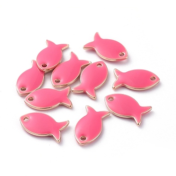 Brass Charms, with Enamel, Fish, Raw(Unplated), Hot Pink, 13.5x7.5x2mm, Hole: 1.2mm