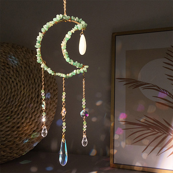 Moon Metal & Natural Green Aventurine Chip Pendant Decorations, Hanging Suncatchers, with Glass Teardrop Charm, for Home Car Decorations, 385mm
