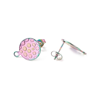 Ion Plating(IP) 304 Stainless Steel Stud Earring Findings, with Loop, Ear Nuts, Textured Flat Round, Rainbow Color, 15.5x12x1mm, Hole: 1.8mm, Pin: 0.8mm