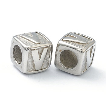304 Stainless Steel European Beads, Large Hole Beads, Horizontal Hole, Cube with Letter, Stainless Steel Color, Letter.V, 8x8x8mm, Hole: 4mm