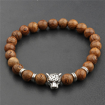 Wood & Alloy Beaded Stretch Bracelet, Leopard, 6-3/4~7-1/2 inch(17~19cm)