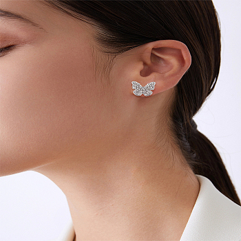 1Pair Alloy Micro Pave Clear Cubic Zirconia Stud Earrings, Butterfly, Platinum, 12.5x15.5mm, 1pair/set