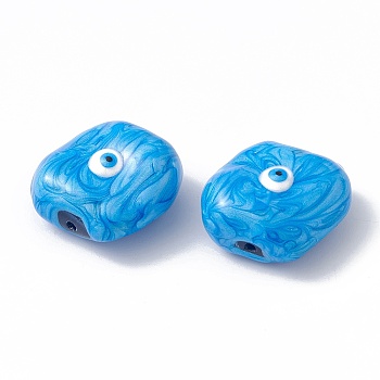 Glass Beads, with Enamel, Square with Evil Eye Pattern, Deep Sky Blue, 20x19x10mm, Hole: 1.2mm