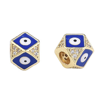 Brass Micro Pave Clear Cubic Zirconia Beads, with Enamel, Real 18K Gold Plated, Octagon with Evil Eye, Nickel Free, Dark Blue, 11x11x8.5mm, Hole: 4mm