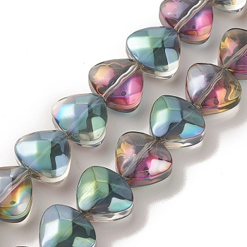 Transparent Electroplate Glass Bead Strands, Half Rainbow Plated, Heart, Dark Cyan, 12x13x7mm, Hole: 1mm, about 55pcs/strand, 25.51''(64.8cm)