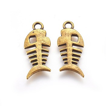 Tibetan Style Alloy Pendants, Cadmium Free & Lead Free, Fish Bone, Antique Golden, about 26mm long, 11.5mm wide, 2.5mm thick, Hole: 2.5mm