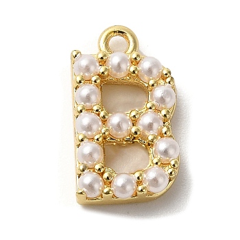 Plastic Imitation Pearl Pendants, with Brass Findings, Golden, Letter B, 14x7.5x3mm, Hole: 1.3~1.4mm