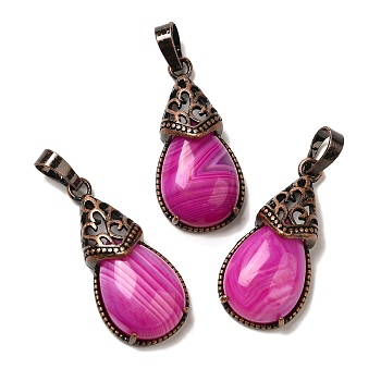 Natural Violet Banded Agate(Dyed & Heated) Pendants, Brass Teardrop Charms, Red Copper, Lead Free & Cadmium Free, 31x15x8mm, Hole: 5x7.5mm