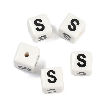 Porcelain Beads, Square with Letter, Letter S, 8.5x8.5x8.5mm, Hole: 1.6mm