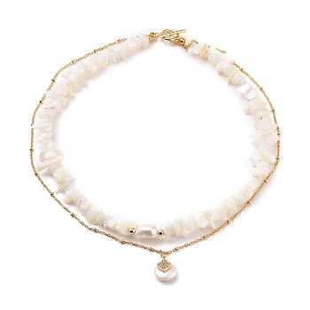 Chip Natural Shell Double Layer Necklaces, with 304 Stainless Steel Toggle Clasps, Brass Beads, Cubic Zirconia and Flat Round with Heart Natural Pearl Pendants, Seashell Color, 15.91inch(40.4cm)