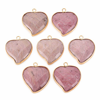 Natural Rhodochrosite Pendants, with Light Gold Plated Brass Findings, Faceted, Heart, 29~29.5x26~26.5x6mm, Hole: 2mm