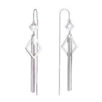 Anti-Tarnish Rhodium Plated 925 Sterling Silver Rhombus with Chain Tassel Dangle Earrings, Long Drop Ear Thread for Women, Platinum, 78x15.3mm, Pin: 0.8mm