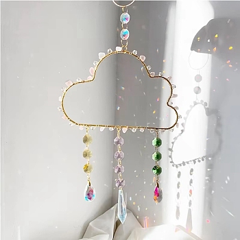 Teardrop Glass Suncatchers, Cloud Natural Rose Quartz Chips Tassel Hanging Ornaments, Rainbow Maker, for Garden & Home Decoration, Cloud, Pink, 350mm