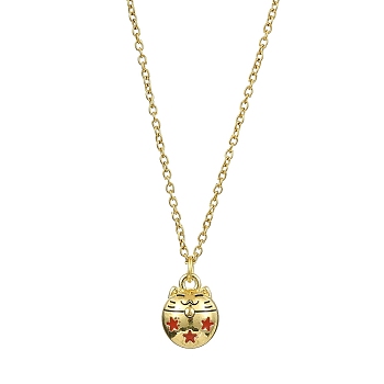 Cat Shaped Alloy Enamel Pendant Necklace, with 304 Stainless Steel Cable Chains, Golden, 17.64 inch(44.8cm)