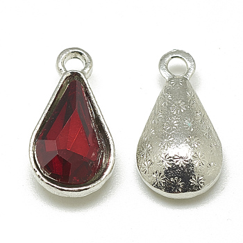 Alloy Glass Pendants, Faceted, teardrop, Platinum, Red, 18x10x5mm, Hole: 2mm