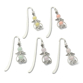 Alloy Hook Bookmarks, with Frosted Acrylic Beads, Wing & Heart Pendant Book Marker, Mixed Color, 133~135mm