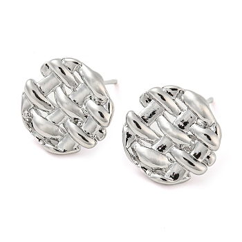 Rack Plating Brass Stud Earrings Findings, with Loops, Hollow Flat Round, Platinum, 14mm, Hole: 1.2mm, Pin: 11x0.7mm