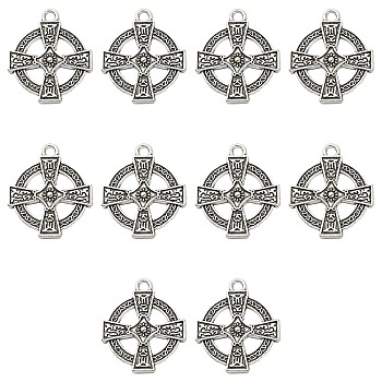 10Pcs Irish Tibetan Style Alloy Pendants, Cross, Antique Silver, 24x20x3mm, Hole: 2mm