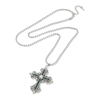 Cross Rhinestone Pendant Necklaces, with Antique Silver Alloy Ball Chains, Emerald, 27.56 inch(70cm)