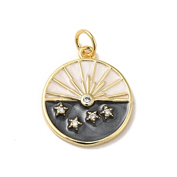 Rack Plating Brass Micro Pave Clear Cubic Zirconia Pendants, with Jump Ring and Enamel, Cadmium Free & Nickel Free & Lead Free, Real 18K Gold Plated, Flat Round with Star, Snow, 18.5x16x2mm, Hole: 3.6mm