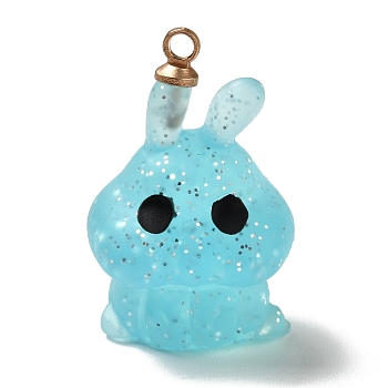 Halloween Theme Translucent Resin Pendants, with Light Gold Tone Alloy Findings, Rabbit with Glitter, Sky Blue, 20.5x13.5x12.5mm, Hole: 1.5mm