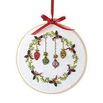 Christmas Themed DIY Embroidery Sets, Including Imitation Bamboo Embroidery Frame, Iron Pins, Embroidered Cloth, Cotton Colorful Embroidery Threads, White, 30x30x0.05cm