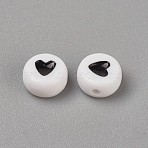 Acrylic Enamel Beads, Flat Round with Heart, Black, 6x3.5mm, Hole: 1.5mm(OACR-WH0003-04A)