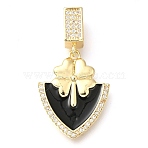Brass Micro Pave Cubic Zirconia Pendants, with Enamel, Leaf Charms, Black, 33.5x18x3.5mm, Hole: 7x4mm(KK-S049-06G-A)