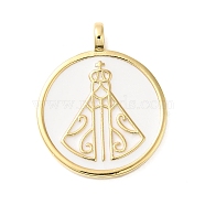 Rack Plating Brass Enamel Pendants, Lead Free & Cadmium Free, Long-Lasting Plated, Real 18K Gold Plated, Flat Round with Religious Virgin Mother Mary, White, 24.5x20x2mm, Hole: 3X2.8mm(KK-D047-06G-01)
