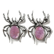 Dual-use Items Alloy Pave Dyed Shell Spider Brooch, with Jet Rhinestone, Antique Silver, Old Rose, 57.5~58x41.5~42x12.5mm, Hole: 4x3mm(JEWB-C026-04D-AS)
