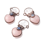 Natural Quartz Crystal and Rose Quartz Big Pendants, with Tin Findings, Lead & Nickel & Cadmium Free, Heart, Red Copper, 64x31.5x15.5mm(G-M383-23R)