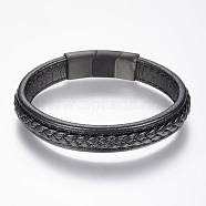 Braided Leather Cord Bracelets, with 304 Stainless Steel Magnetic Clasps, Black, 8-5/8 inch(220mm), 36x13x8mm(BJEW-H561-04C)