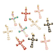 Brass Enamel Pendants, Real 18K Gold Plated, Long-Lasting Plated, Cross, Mixed Color, 32.5x21.5x3.5mm, Hole: 5x3mm(KK-M220-06G)