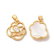 Brass Crystal Rhinestone Flower Charms with Natural Shell, Real 18K Gold Plated, 15x14x4mm, Hole: 2x4.8mm(KK-I703-12G)