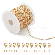 Pandahall DIY Chain Bracelet Necklace Making Kit, Including Brass Curb Chains & Clasps, 304 Stainless Steel Jump Rings, Real 14K Gold Plated, Chain: 5M/set(CHC-TA0001-06)