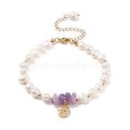 Natural Amethyst Chips & Pearl Beaded Bracelet, Clear Cubic Zirconia Moon & Star Charm Bracelet for Women, Golden, 7-5/8 inch(19.5cm)(BJEW-JB08236-02)