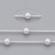 Handmade Brass Chains, with Round ABS Plastic Imitation Pearl Beads, Soldered, with Spool, Creamy White, Silver, 2x1.2x0.4mm, about 39.37 Feet(12m)/roll(CHC-T008-05S)