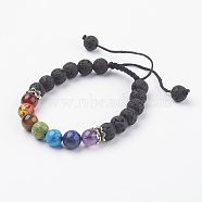 Chakra Jewelry, Adjustable Gemstone and Resin Braided Bead Bracelets, with Nylon Thread and Alloy Findings, Natural Lava Rock, 2-1/8 inch(54mm)(X-BJEW-JB03518-01)