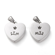 304 Stainless Steel Pendants, Manual Polishing, Heart with Hollow Crown and Word, Stainless Steel Color, 18.5x17.5x3.5mm, Hole: 3x6mm(STAS-F253-12P)