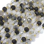 Natural Black Rutilated Quartz Strands, with Seed Beads, Faceted, Lantern, 8~8.5x6.5~7mm, Hole: 0.6mm, about 44pcs/strand, 15.16 inch(38.5cm)(G-K389-E04-01)