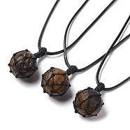 Natural Tiger Eye Round Pendant Necklace, Wax Rope Macrame Pouch Adjustable Necklace, 29.69~30.24 inch(75.4~76.8cm)(NJEW-H009-02-08)