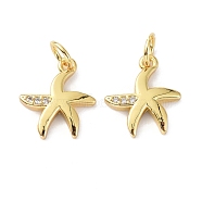 Brass Micro Pave Cubic Zirconia Charms, with Jump Ring, Long-Lasting Plated, Lead Free & Cadmium Free, Starfish, Real 18K Gold Plated, 13x11x2mm(ZIRC-C022-24G)
