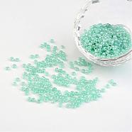 8/0 Ceylon Round Glass Seed Beads, Aqua, Size: about 3mm in diameter, hole:1mm, about 1101pcs/50g(X-SEED-A011-3mm-154)
