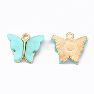 Alloy Acrylic Pendants, Butterfly, Light Gold, Cyan, 14x16.5x3mm, Hole: 1.6mm(ENAM-R136-01A)