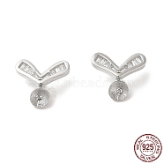 Rhodium Plated 925 Sterling Silver Stud Earring Findings, with Cubic Zirconia, Heart, for Half Drilled Beads, Real Platinum Plated, 12.5x14x2mm, Pin: 0.7mm(STER-M114-22P)