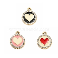 UV Plating Golden Alloy Enamel Pendants, with Crystal Rhinestone, Flat Round with Heart Charms, Mixed Color, 20x16.5x2.5mm, Hole: 2mm(PALLOY-D026-02G)