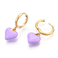 Enamel Heart Dangle Hoop Earrings, Real 18K Gold Plated 304 Stainless Steel Jewelry for Women, Nickel Free, Medium Orchid, 28x11.5mm, Pin: 1mm(EJEW-T018-01C)