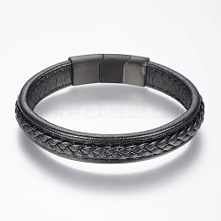 Braided Leather Cord Bracelets, with 304 Stainless Steel Magnetic Clasps, Black, 8-5/8 inch(220mm), 36x13x8mm(BJEW-H561-04C)
