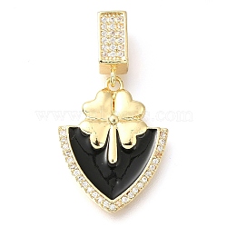 Brass Micro Pave Cubic Zirconia Pendants, with Enamel, Leaf Charms, Black, 33.5x18x3.5mm, Hole: 7x4mm(KK-S049-06G-A)